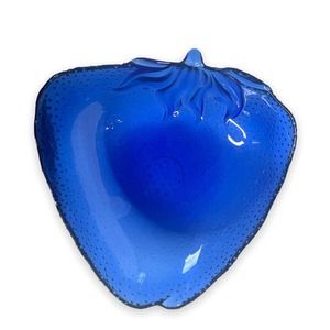 Vintage Large Dish cobalt glass strawberry shaped hobnail dish Mid Century